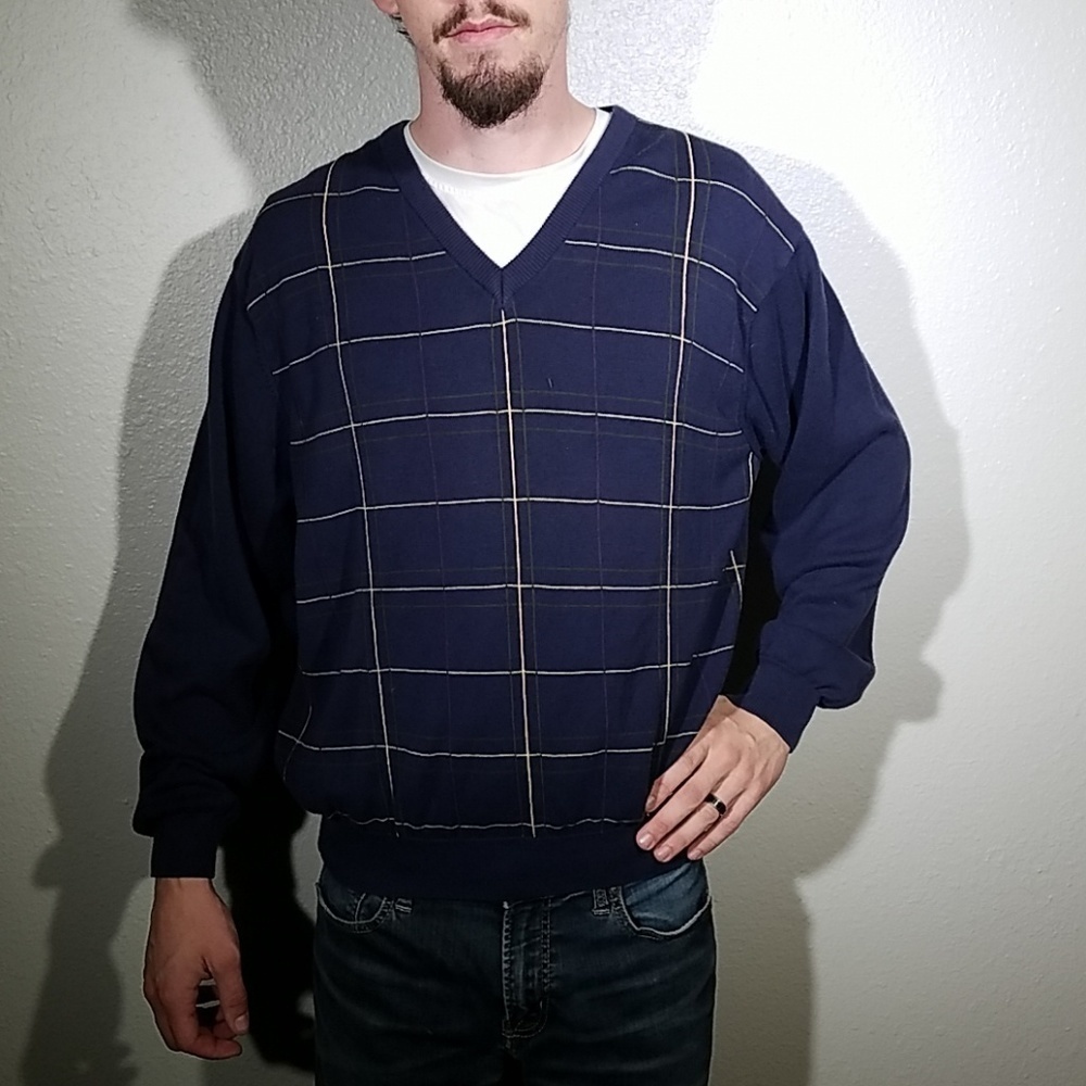 Lyle‎ & Scot Scotland Blue Green Windowpane Plaid V-Neck Sweater Men's Medium